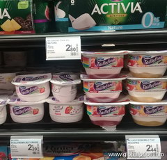 Ready-made food in supermarkets in Paris, yogurts